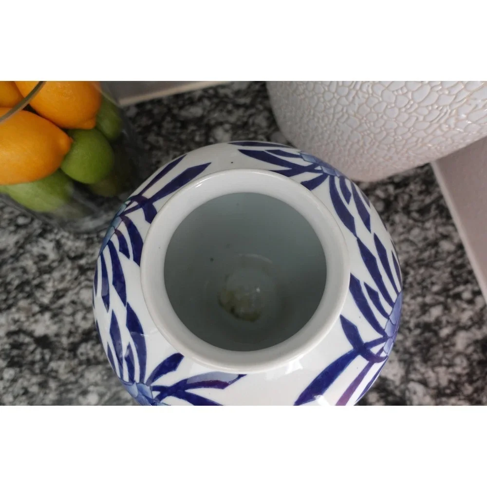 Blue and White Floral Ceramic Vase Round Decorative Accent Vase